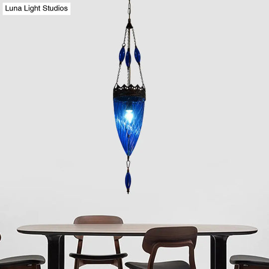 Blue Cyclone Glass Pendant Lamp With Copper Top - Perfect For Mid Century Bedrooms