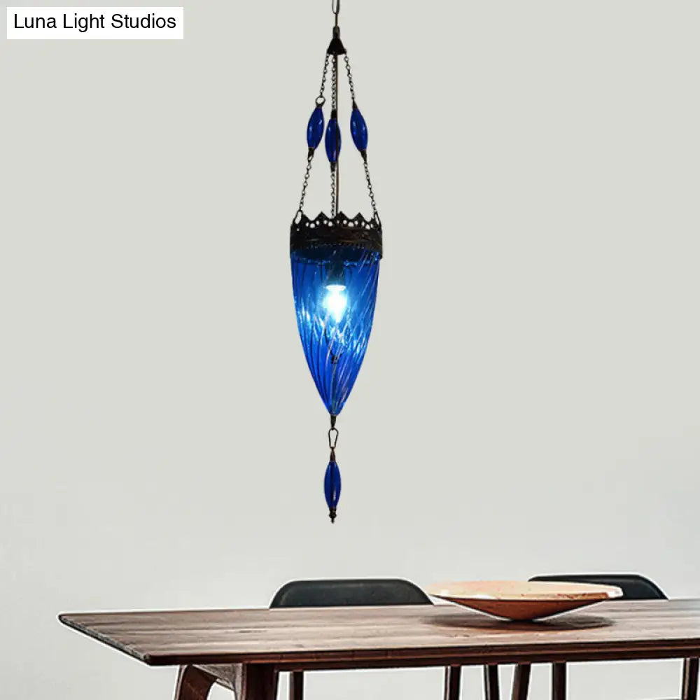 Blue Cyclone Glass Pendant Lamp With Copper Top - Perfect For Mid Century Bedrooms