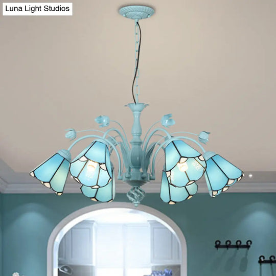 Art Glass Conical Chandelier Pendant Light With 3/6/8 Blue/Dark Blue Lights - Perfect For Living