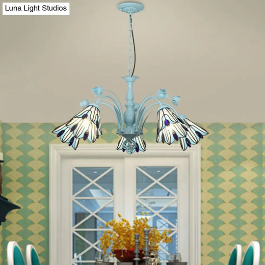 Art Glass Conical Chandelier Pendant Light With 3/6/8 Blue/Dark Blue Lights - Perfect For Living