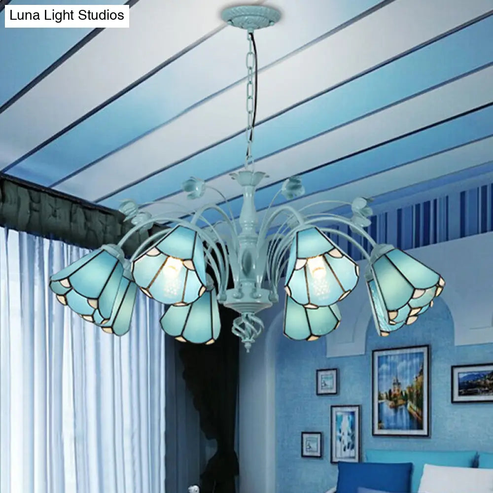 Art Glass Conical Chandelier Pendant Light With 3/6/8 Blue/Dark Blue Lights - Perfect For Living