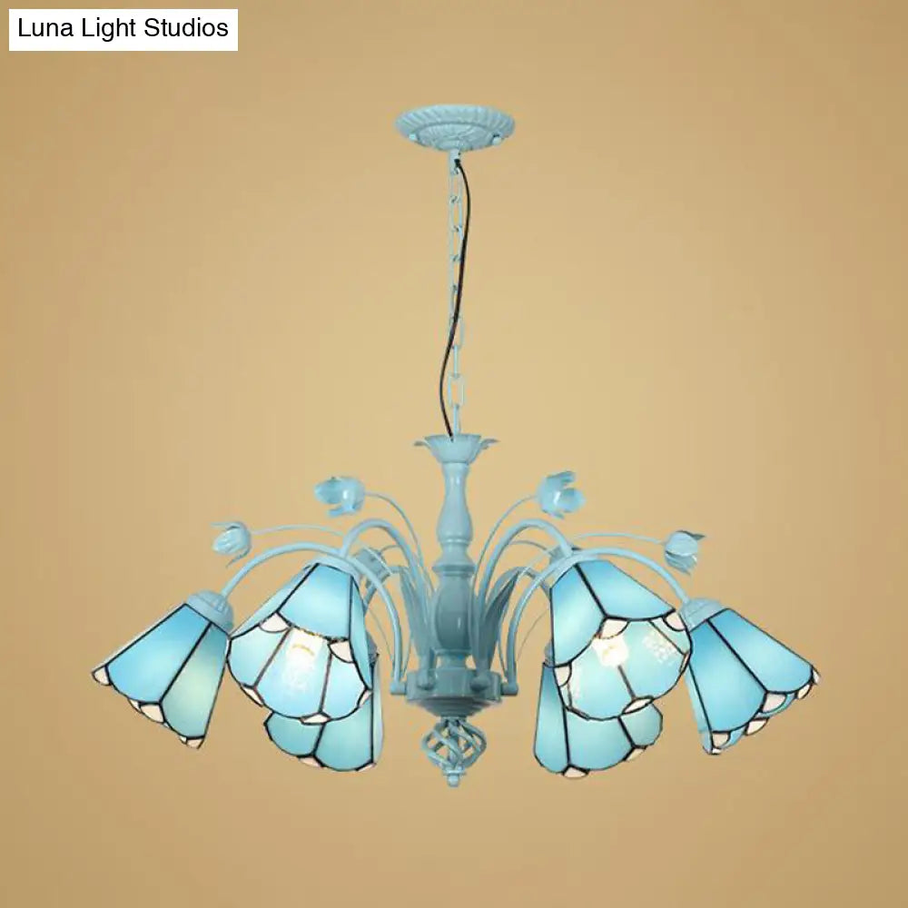 Art Glass Conical Chandelier Pendant Light With 3/6/8 Blue/Dark Blue Lights - Perfect For Living