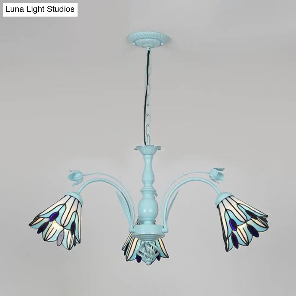 Art Glass Conical Chandelier Pendant Light With 3/6/8 Blue/Dark Blue Lights - Perfect For Living