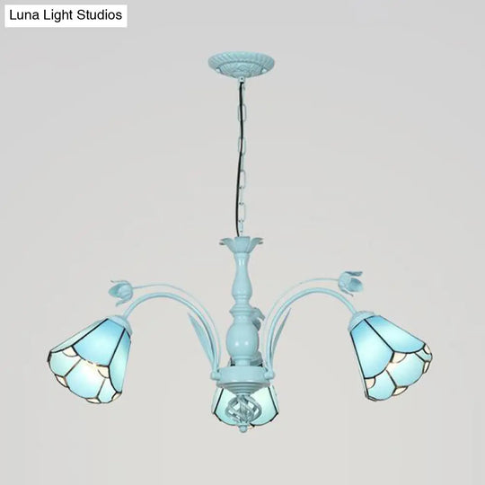 Art Glass Conical Chandelier Pendant Light With 3/6/8 Blue/Dark Blue Lights - Perfect For Living