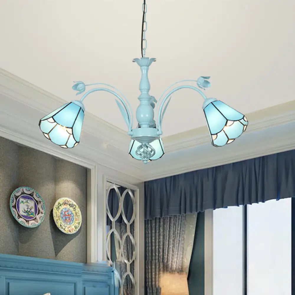 Blue/Dark Blue Conical Chandelier Pendant Light Stained Art Glass Baroque Hanging Lamp Kit - 3/6/8