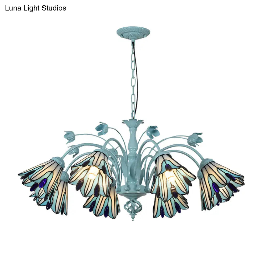 Blue/Dark Blue Conical Chandelier Pendant Light Stained Art Glass Baroque Hanging Lamp Kit - 3/6/8