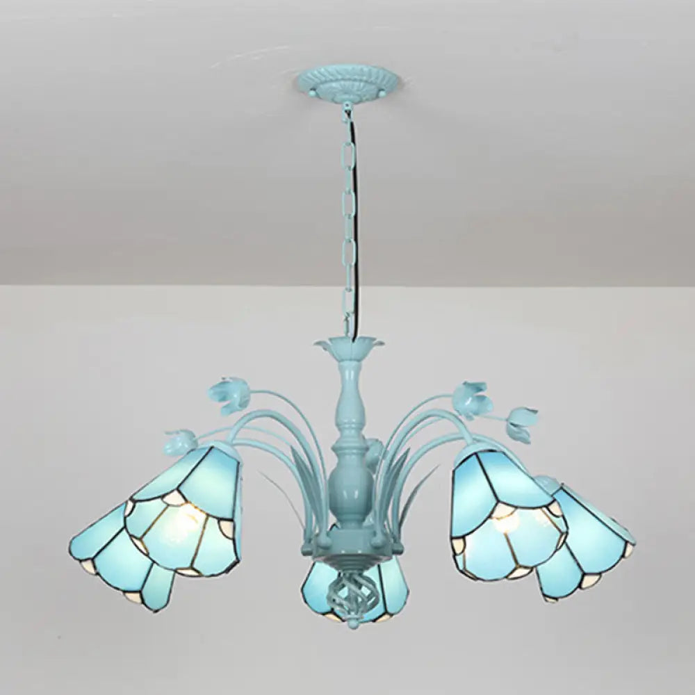 Blue/Dark Blue Conical Chandelier Pendant Light Stained Art Glass Baroque Hanging Lamp Kit - 3/6/8