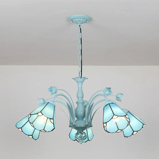 Blue/Dark Blue Conical Chandelier Pendant Light Stained Art Glass Baroque Hanging Lamp Kit - 3/6/8