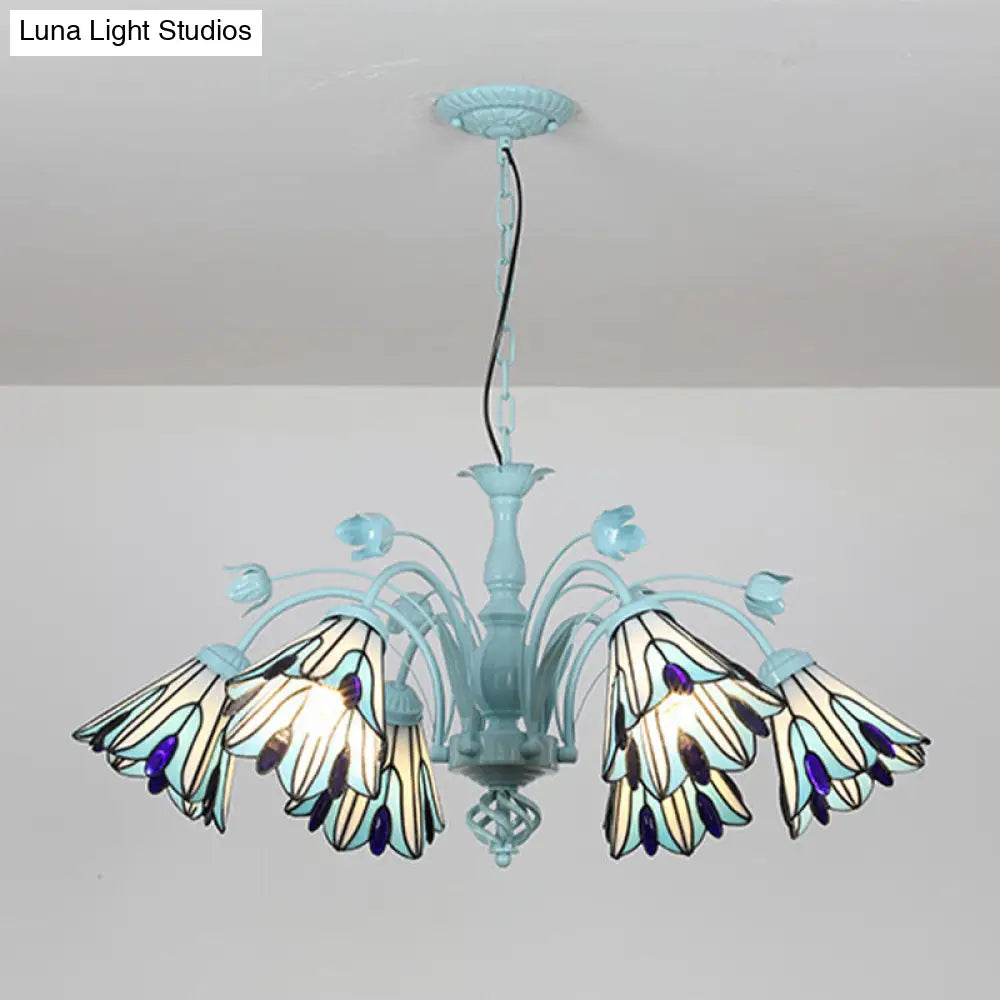 Art Glass Conical Chandelier Pendant Light With 3/6/8 Blue/Dark Blue Lights - Perfect For Living