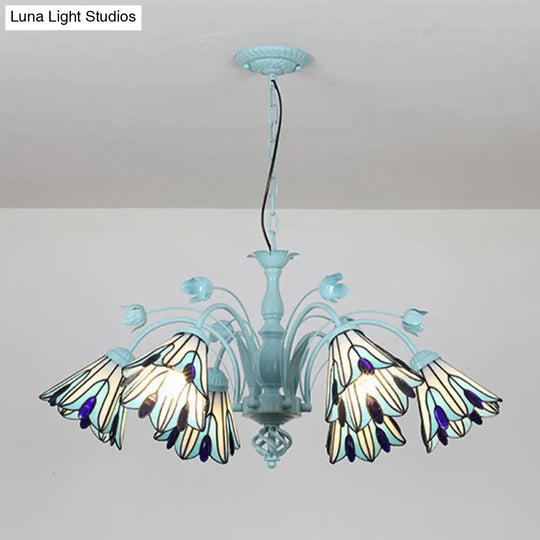 Art Glass Conical Chandelier Pendant Light With 3/6/8 Blue/Dark Blue Lights - Perfect For Living