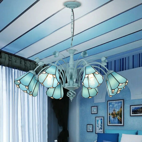 Blue/Dark Blue Conical Chandelier Pendant Light Stained Art Glass Baroque Hanging Lamp Kit - 3/6/8