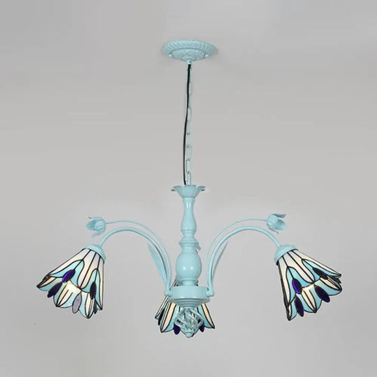 Blue/Dark Blue Conical Chandelier Pendant Light Stained Art Glass Baroque Hanging Lamp Kit - 3/6/8