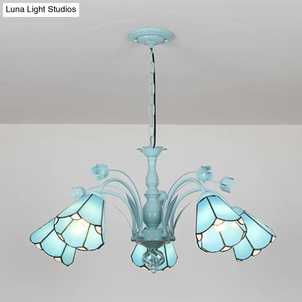 Art Glass Conical Chandelier Pendant Light With 3/6/8 Blue/Dark Blue Lights - Perfect For Living