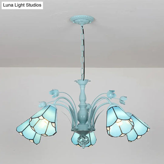 Art Glass Conical Chandelier Pendant Light With 3/6/8 Blue/Dark Blue Lights - Perfect For Living