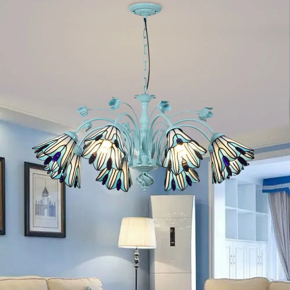 Blue/Dark Blue Conical Chandelier Pendant Light Stained Art Glass Baroque Hanging Lamp Kit - 3/6/8