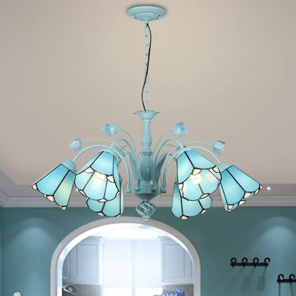 Blue/Dark Blue Conical Chandelier Pendant Light Stained Art Glass Baroque Hanging Lamp Kit - 3/6/8