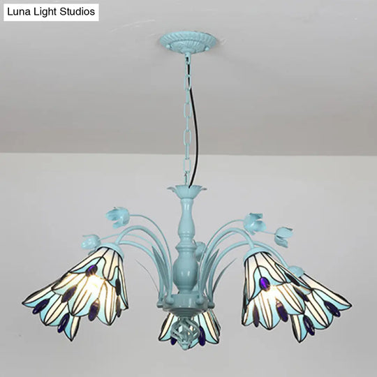 Art Glass Conical Chandelier Pendant Light With 3/6/8 Blue/Dark Blue Lights - Perfect For Living