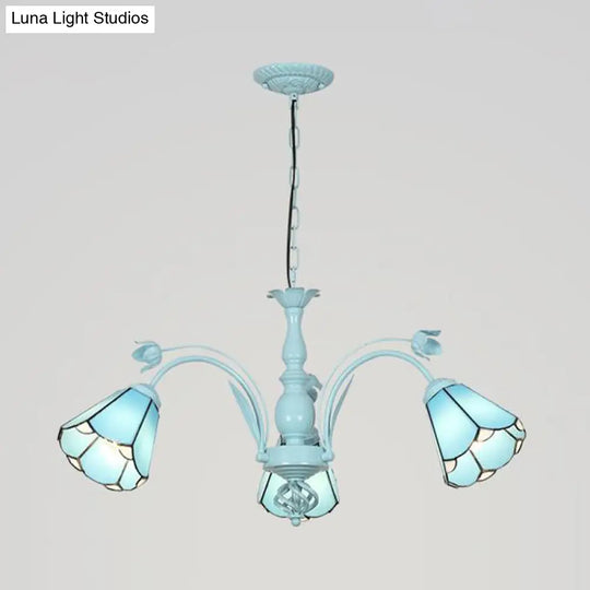 Blue/Dark Blue Conical Chandelier Pendant Light Stained Art Glass Baroque Hanging Lamp Kit - 3/6/8