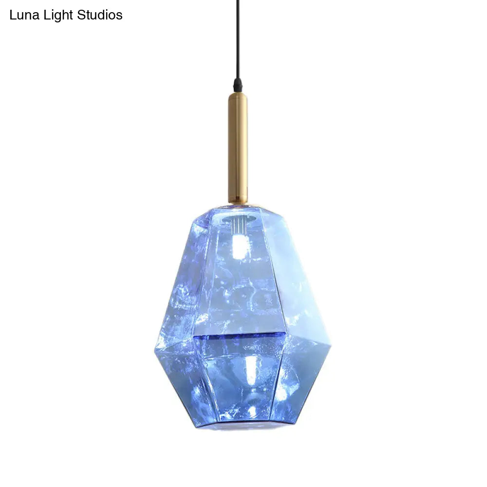 Contemporary Diamond Blue Glass Led Pendant Light Fixture With Hanging Kit