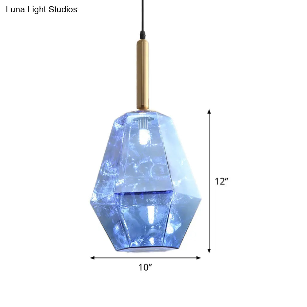 Blue Diamond Glass Led Pendant Light Kit With Contemporary Brass Fixture - 1-Light