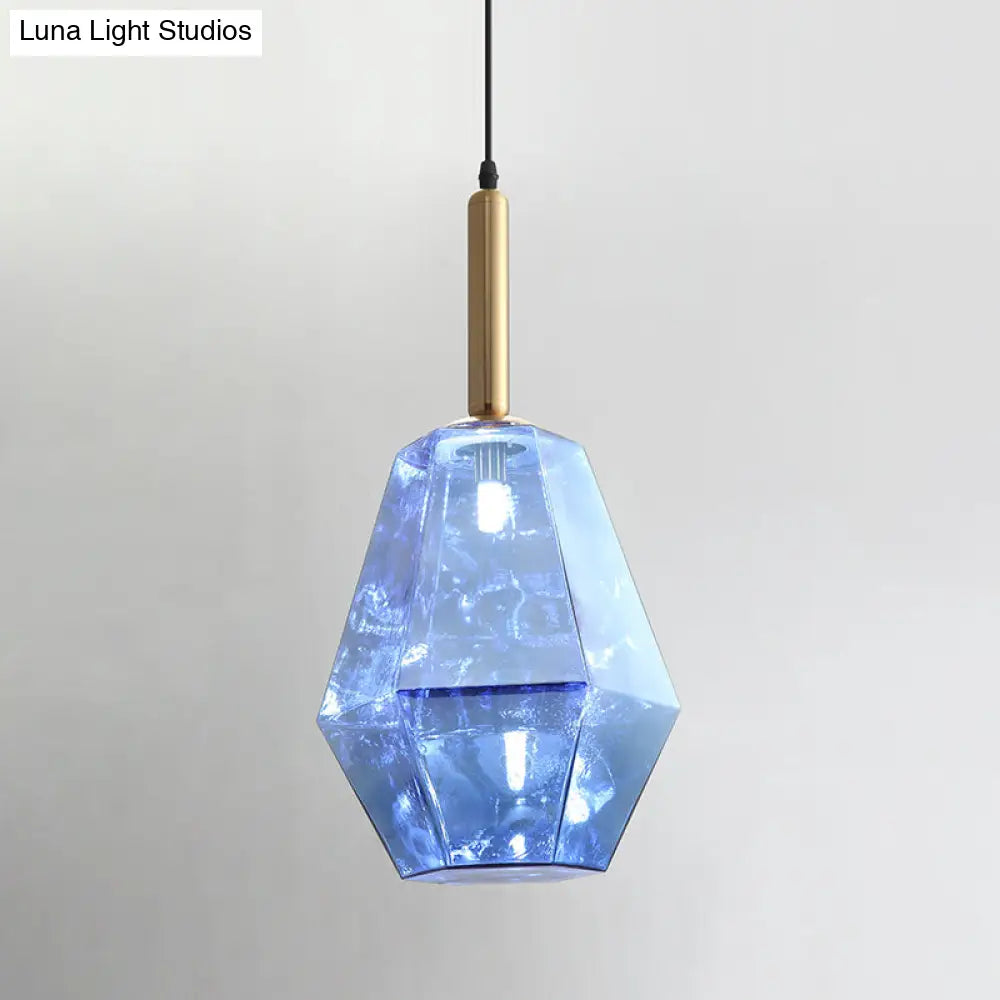 Blue Diamond Glass Led Pendant Light Kit With Contemporary Brass Fixture - 1-Light