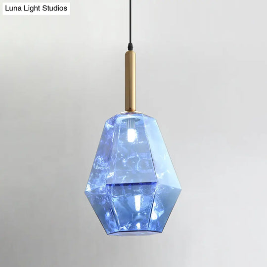 Blue Diamond Glass Led Pendant Light Kit With Contemporary Brass Fixture - 1-Light