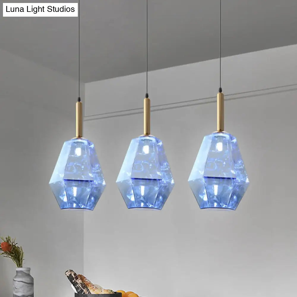 Contemporary Diamond Blue Glass Led Pendant Light Fixture With Hanging Kit