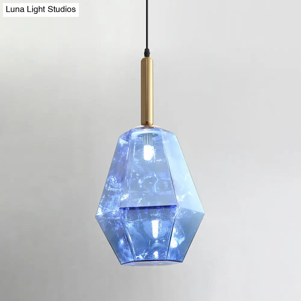 Contemporary Diamond Blue Glass Led Pendant Light Fixture With Hanging Kit