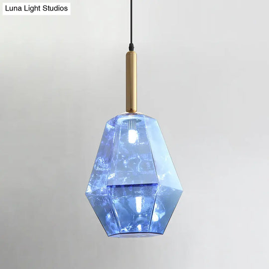 Contemporary Diamond Blue Glass Led Pendant Light Fixture With Hanging Kit