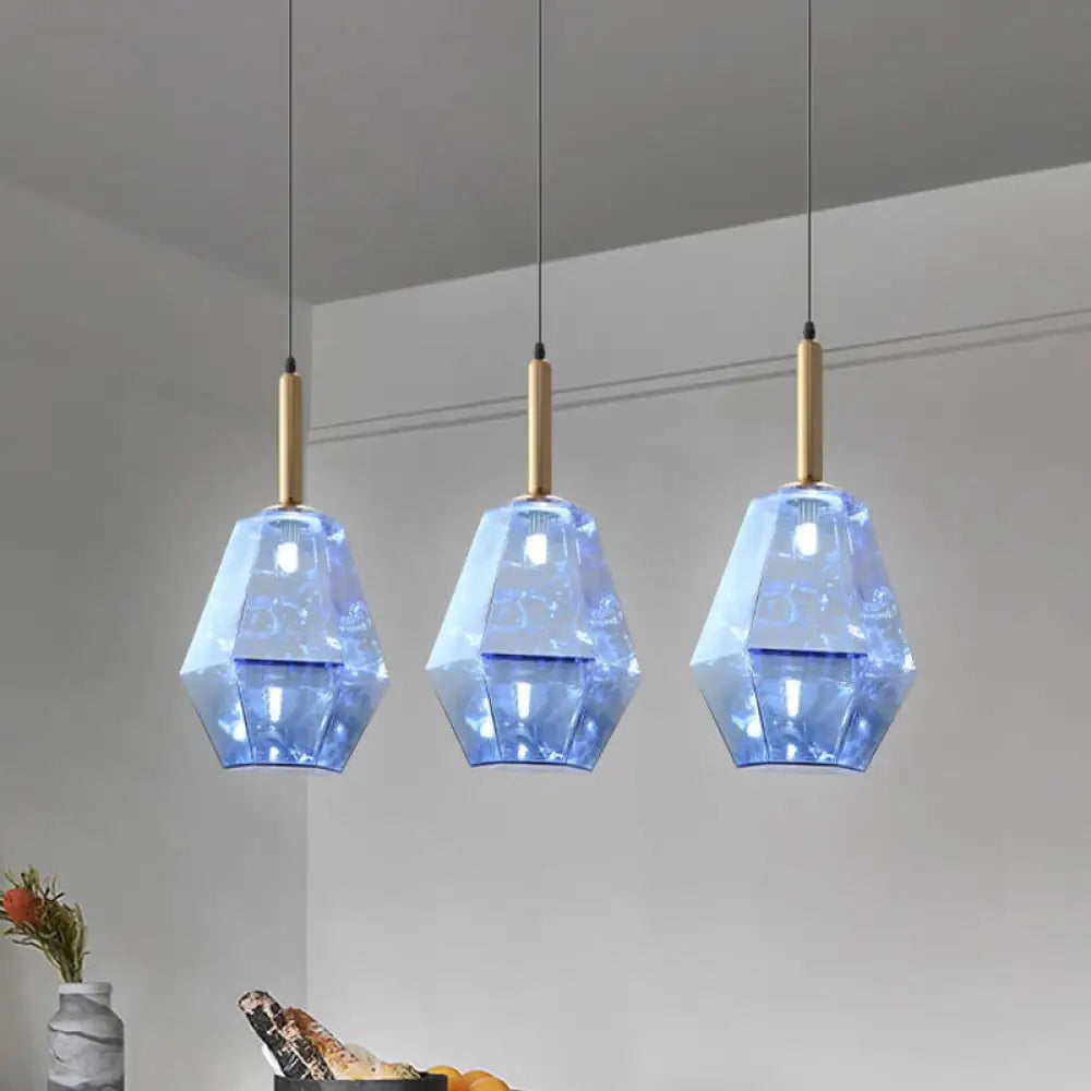 Blue Diamond Glass Led Pendant Light Kit With Contemporary Brass Fixture - 1-Light