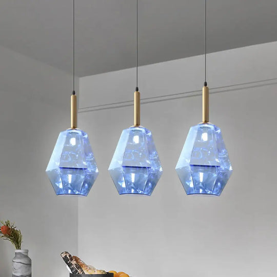 Blue Diamond Glass Led Pendant Light Kit With Contemporary Brass Fixture - 1-Light