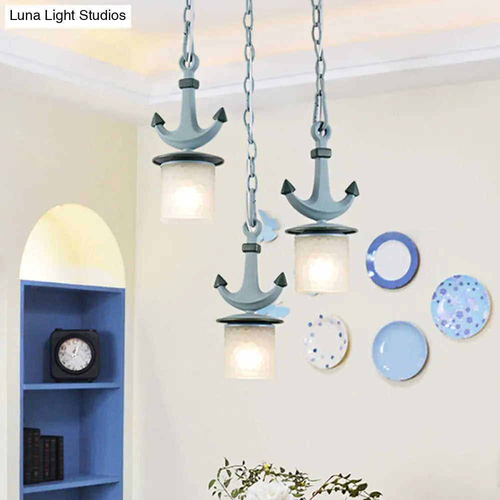 Blue Dimpled Glass Playroom Pendant Lamp With 3 Bulbs - Modern Cylindrical Ceiling Light