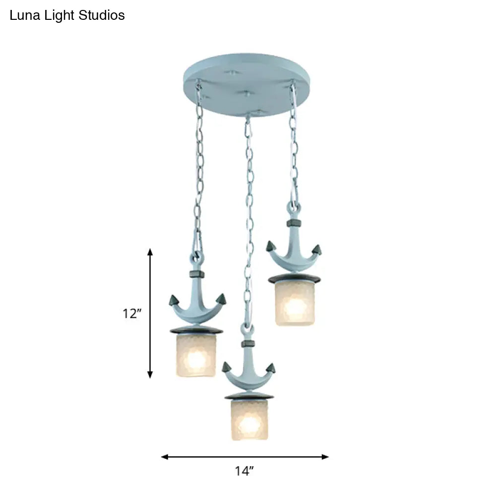 Blue Dimpled Glass Playroom Pendant Lamp With 3 Bulbs - Modern Cylindrical Ceiling Light