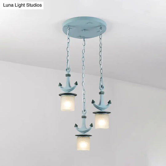 Blue Dimpled Glass Playroom Pendant Lamp With 3 Bulbs - Modern Cylindrical Ceiling Light