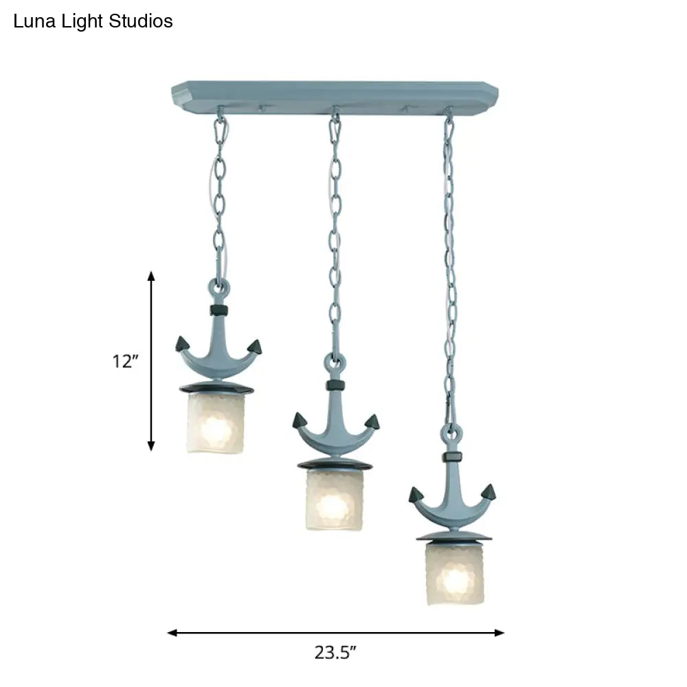 Blue Dimpled Glass Playroom Pendant Lamp With 3 Bulbs - Modern Cylindrical Ceiling Light