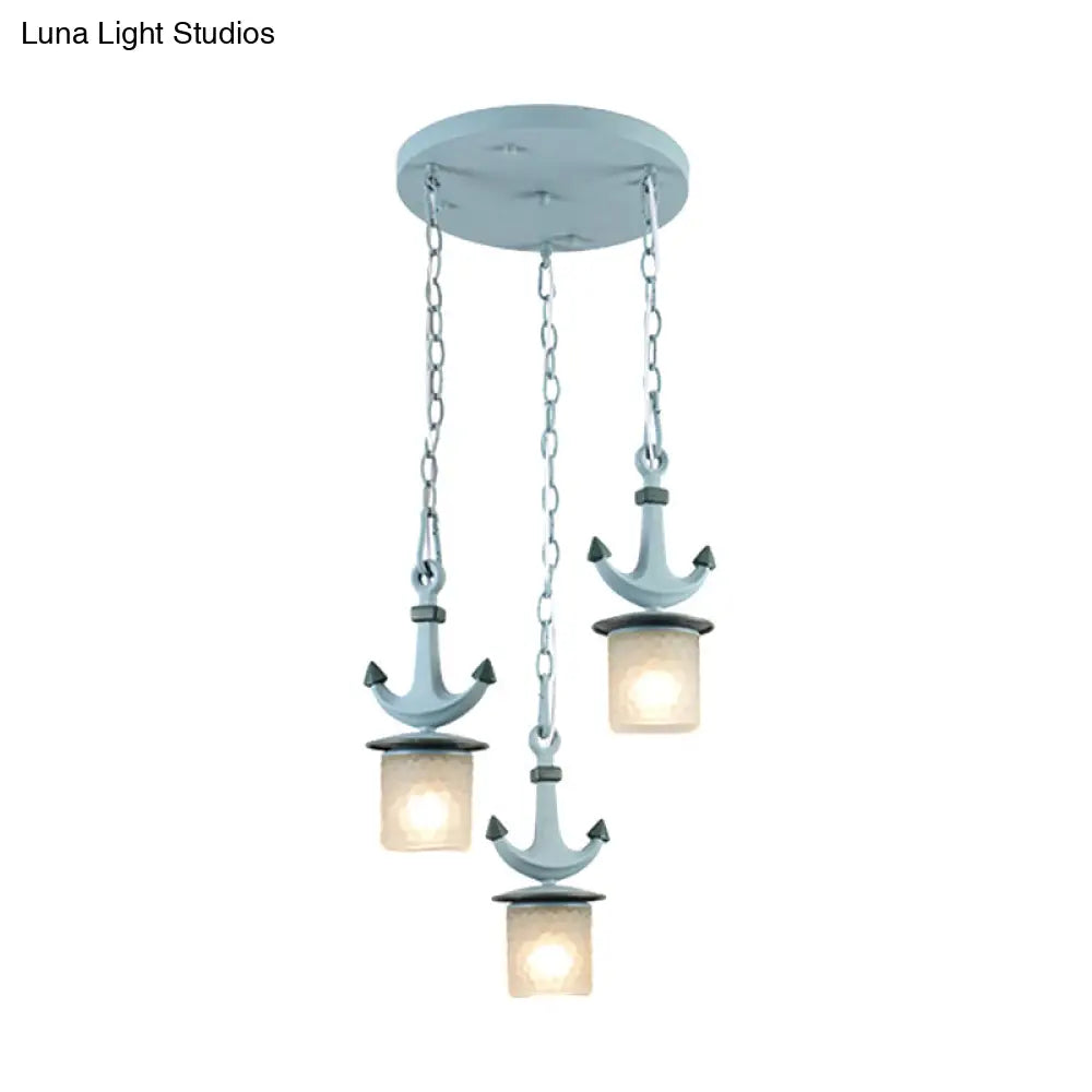 Blue Dimpled Glass Playroom Pendant Lamp With 3 Bulbs - Modern Cylindrical Ceiling Light