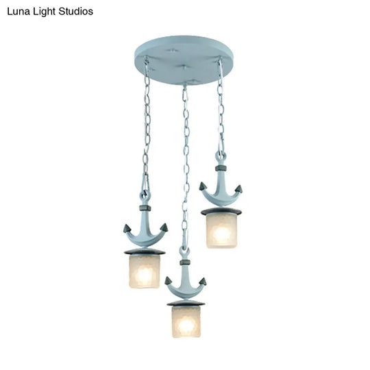 Blue Dimpled Glass Playroom Pendant Lamp With 3 Bulbs - Modern Cylindrical Ceiling Light