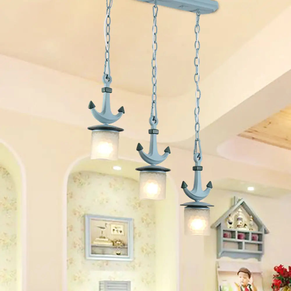 Blue Dimpled Glass Playroom Pendant Lamp With 3 Bulbs - Modern Cylindrical Ceiling Light / Linear