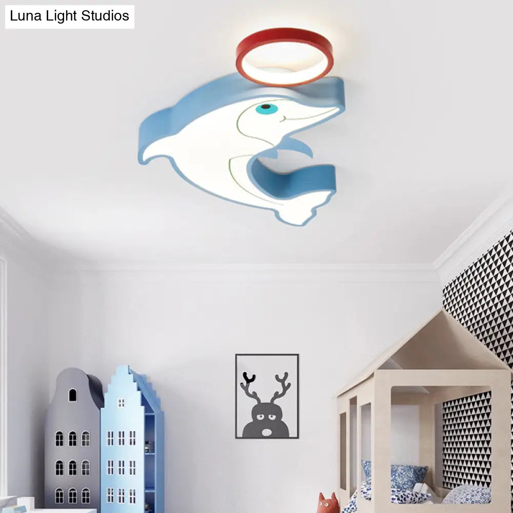 Blue Dolphin Led Flush Pendant Light For Kids - Modernist Style Acrylic Shade Close To Ceiling