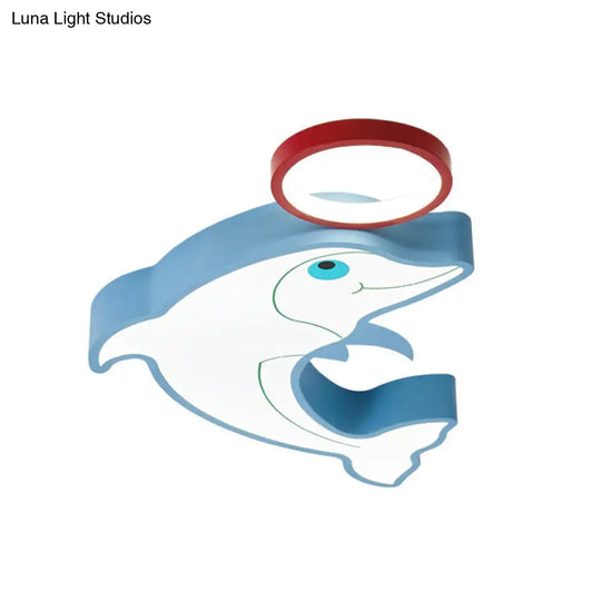 Blue Dolphin Led Flush Pendant Light For Kids - Modernist Style Acrylic Shade Close To Ceiling