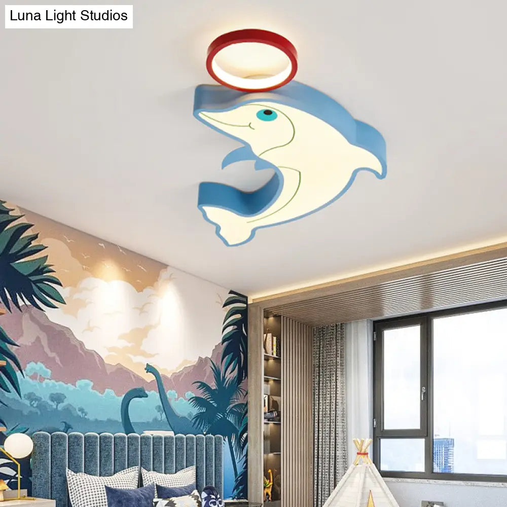 Blue Dolphin Led Flush Pendant Light For Kids - Modernist Style Acrylic Shade Close To Ceiling