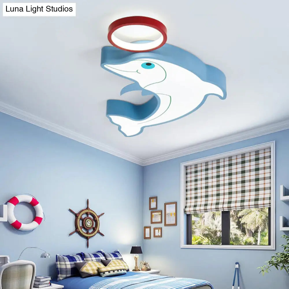 Blue Dolphin Led Flush Pendant Light For Kids - Modernist Style Acrylic Shade Close To Ceiling