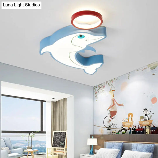 Blue Dolphin Led Flush Pendant Light For Kids - Modernist Style Acrylic Shade Close To Ceiling