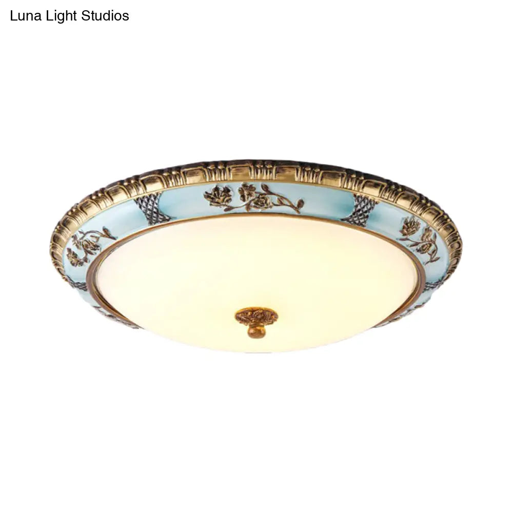 Blue Dome Cream Glass Led Ceiling Mount Lamp - Retro Flush Light Fixture For Dining Room