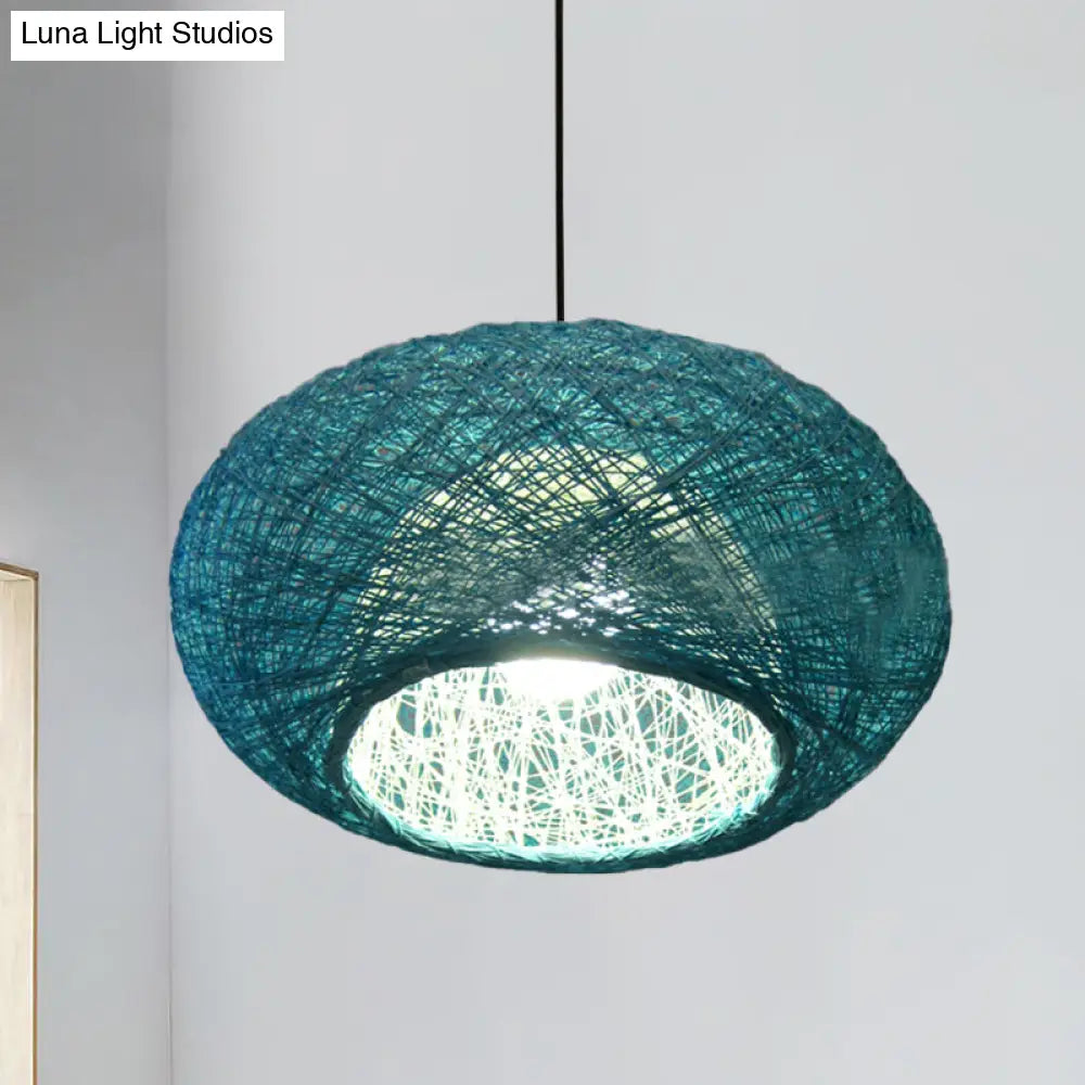 Blue Donut Asian Pendant Lamp With Rattan Shade - Ceiling Suspension Lighting