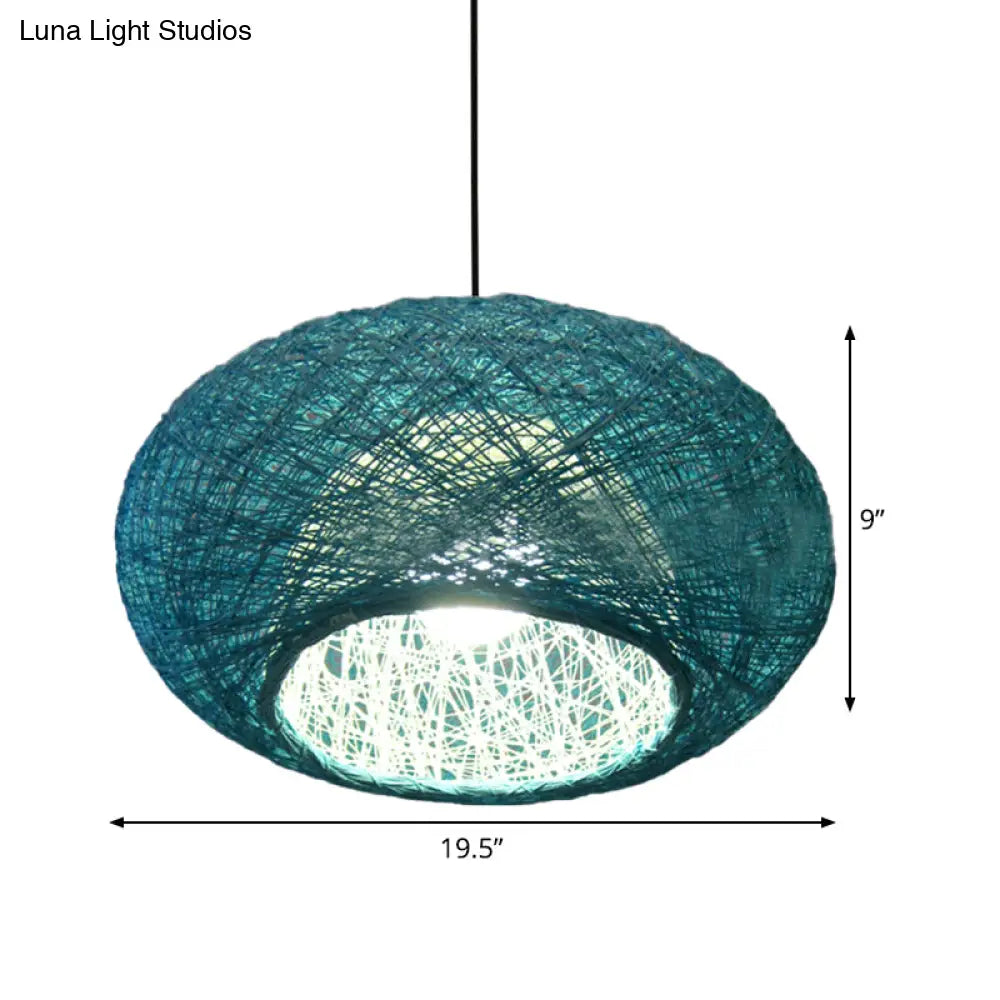 Blue Donut Asian Pendant Lamp With Rattan Shade - Ceiling Suspension Lighting