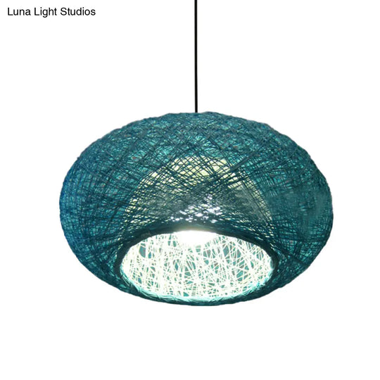 Blue Donut Asian Pendant Lamp With Rattan Shade - Ceiling Suspension Lighting