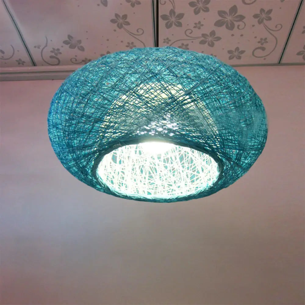 Blue Donut Asian Pendant Lamp With Rattan Shade - Ceiling Suspension Lighting