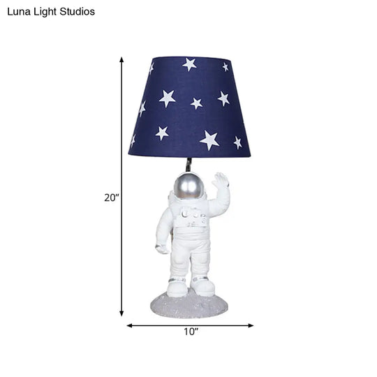 Blue Empire Shade Night Lamp - Kids Star Patterned Fabric Table Lighting With Carved Spaceman Base