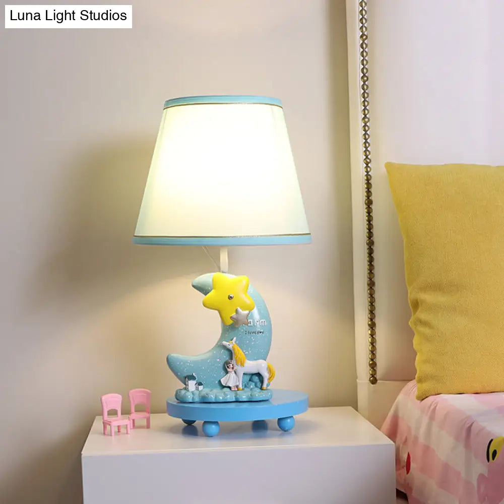 Blue Fabric Cone Night Table Lamp With Cartoon Design - Moon And Star Base